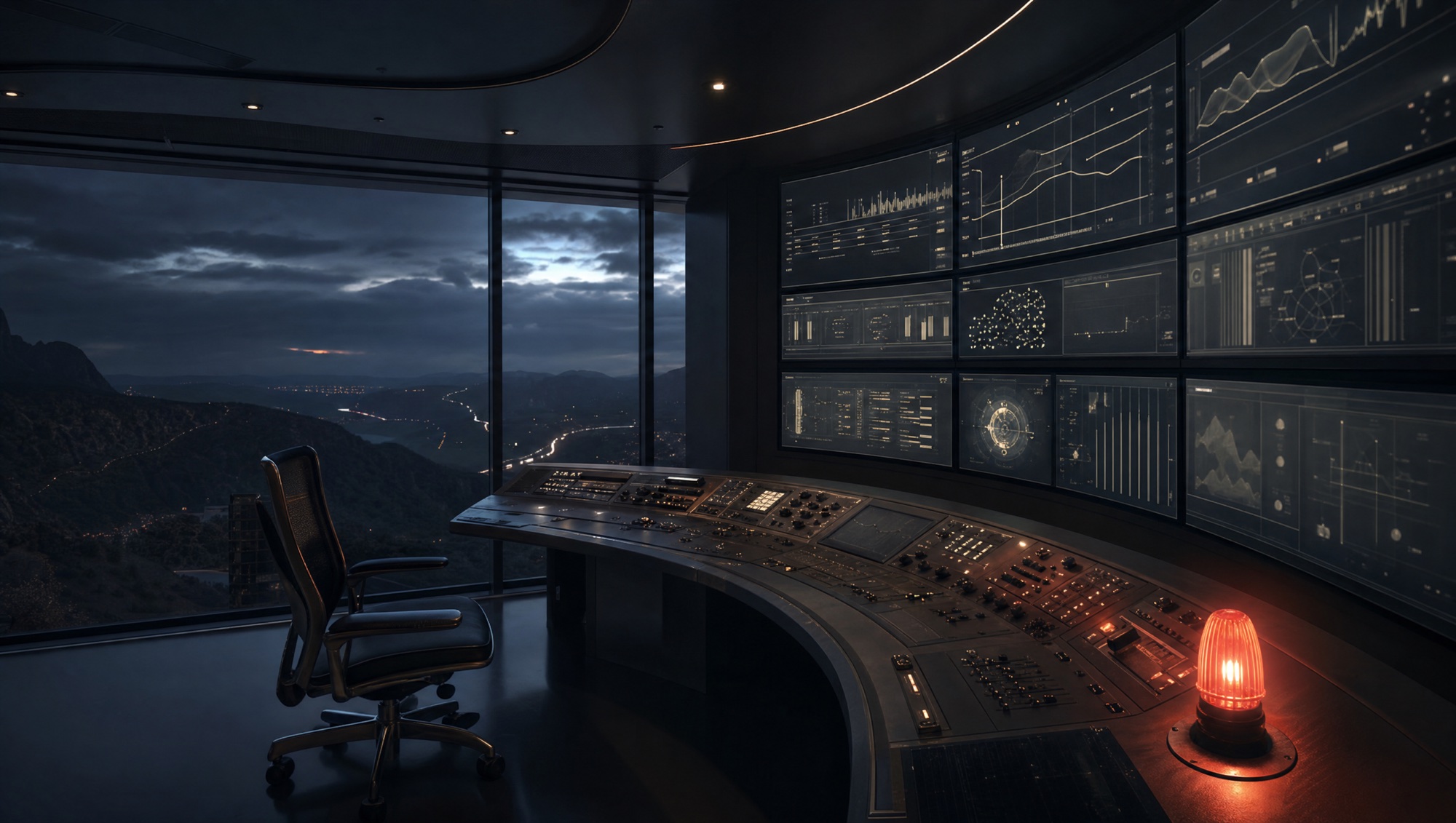 Night control tower interior overlooking a dark valley, a wall of glowing site monitors and one terracotta warning lamp
